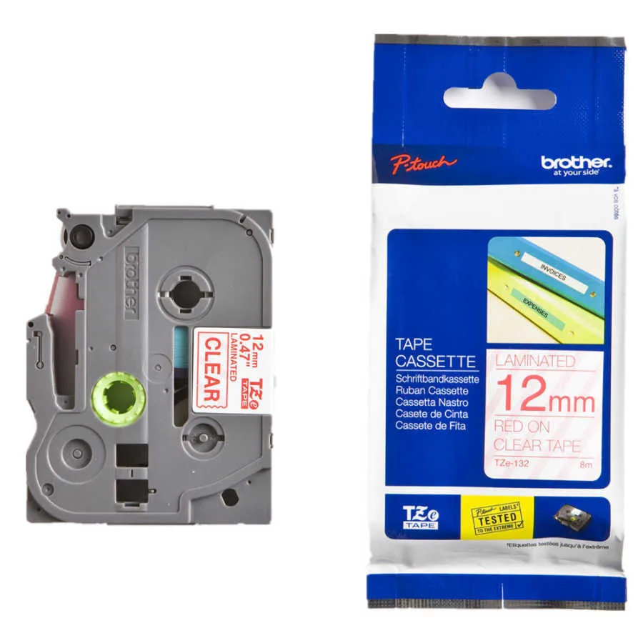 Brother TZE-132 Etiket Şeffaf Üzerine Kırmızı